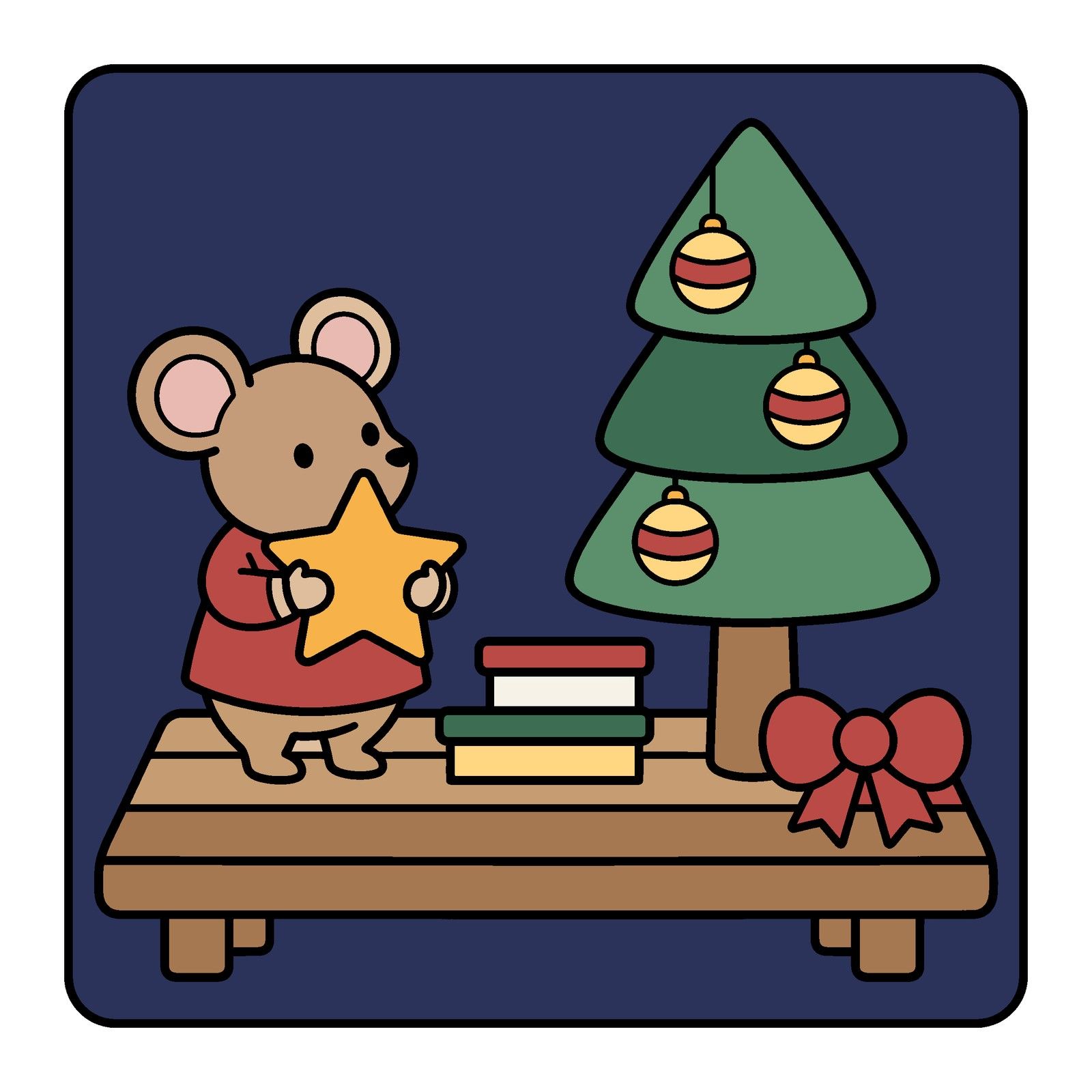 The Christmas tree page colored digitally: the mouse holding a star beside a small decorated tree