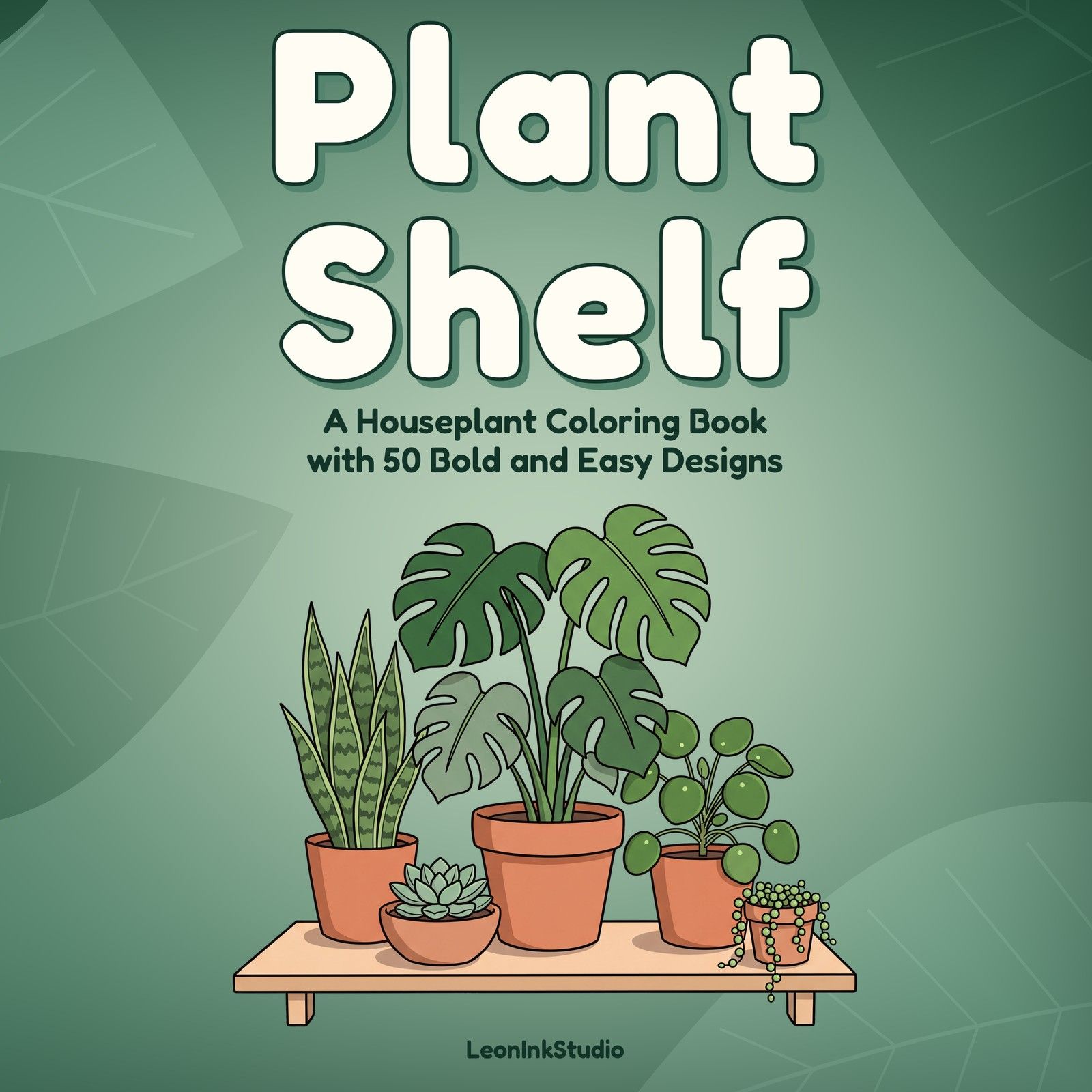 Plant Shelf coloring book cover: potted houseplants on a wooden shelf