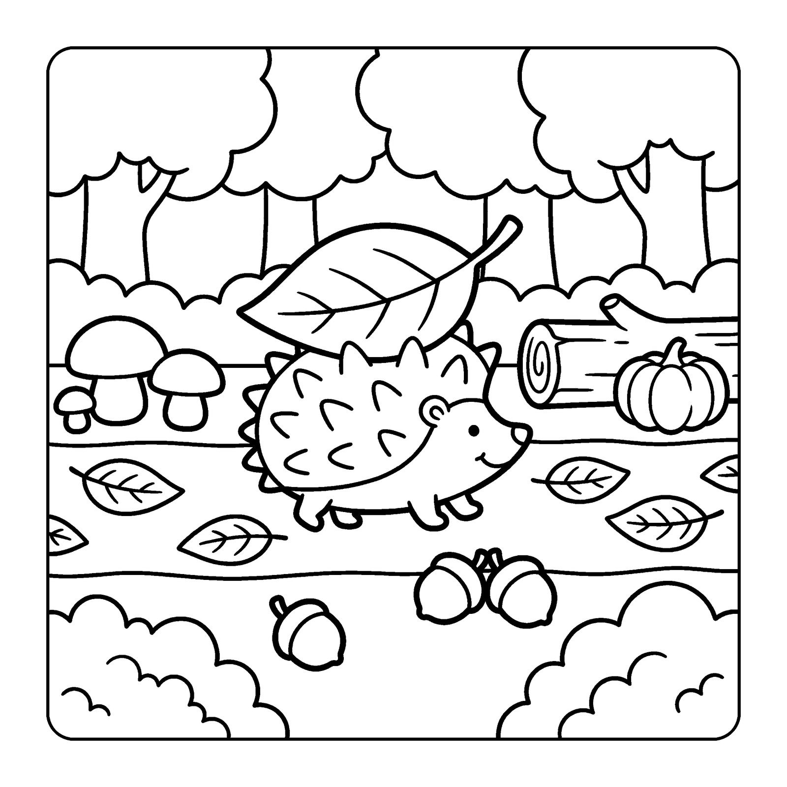 Hedgehog carrying a giant leaf along a forest path with mushrooms, acorns and a small pumpkin, a coloring page from Cozy Corner Autumn