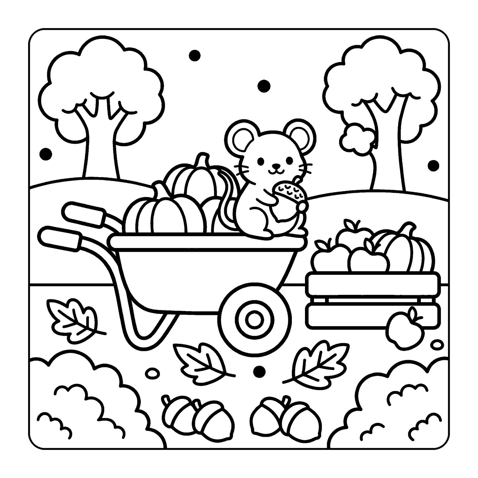 Mouse sitting on a wheelbarrow full of pumpkins beside a crate of apples, with acorns and leaves on the ground, a coloring page from Cozy Corner Autumn