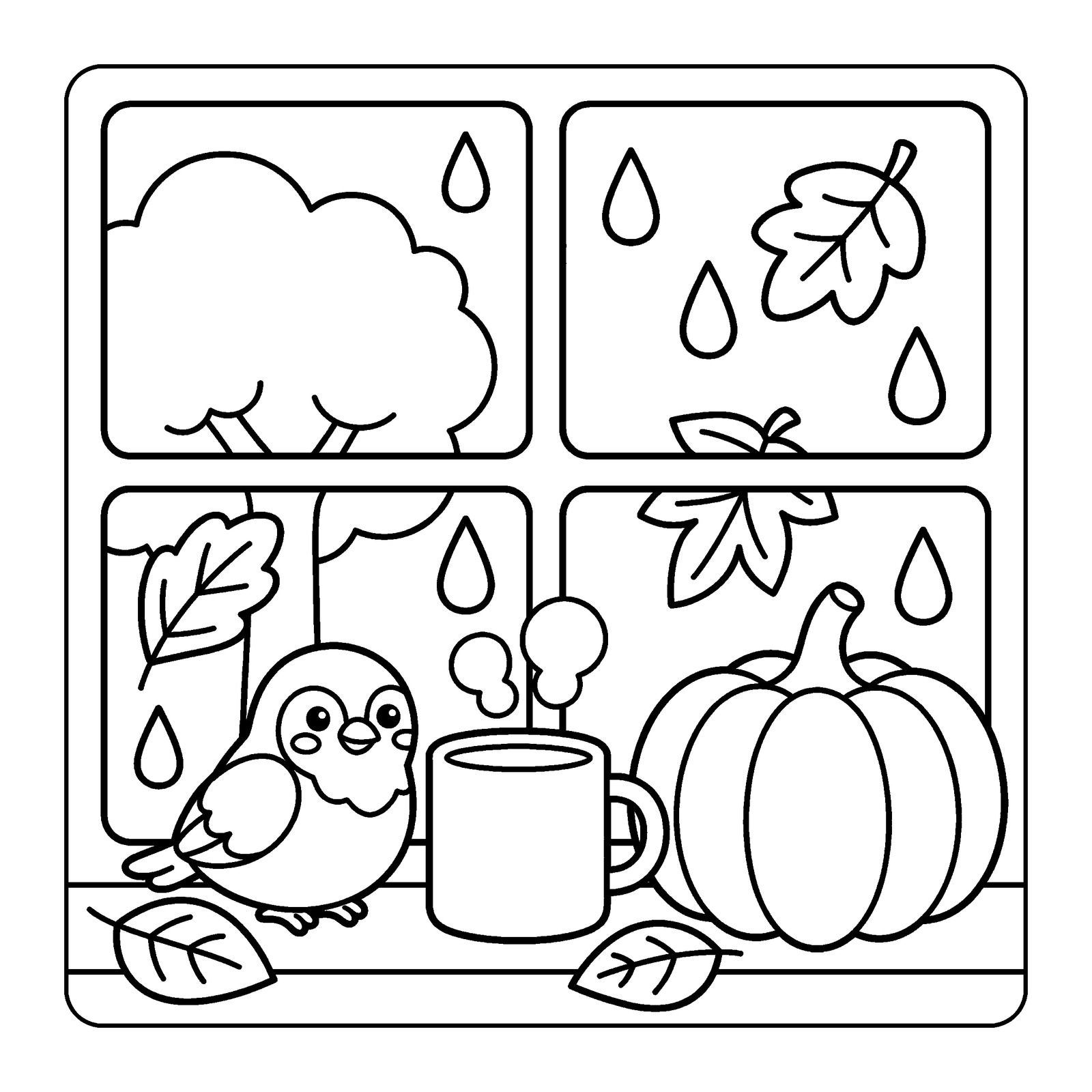 Bird on a rainy windowsill beside a steaming mug and a pumpkin, leaves falling outside, a coloring page from Cozy Corner Autumn