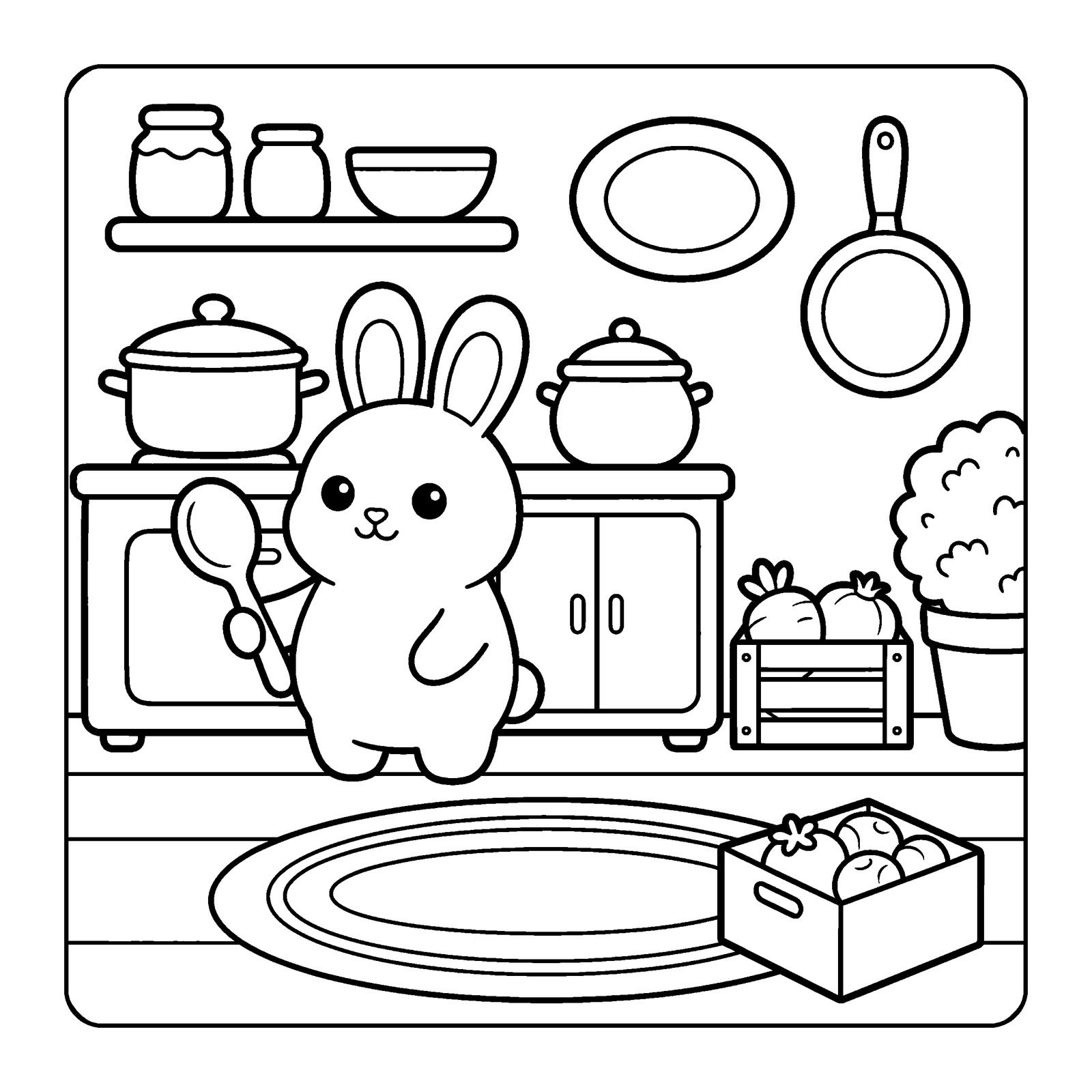 Bunny with a wooden spoon in a kitchen with pots on the stove, jars on a shelf and a crate of vegetables, a coloring page from Cozy Corner Chubby Bunnies