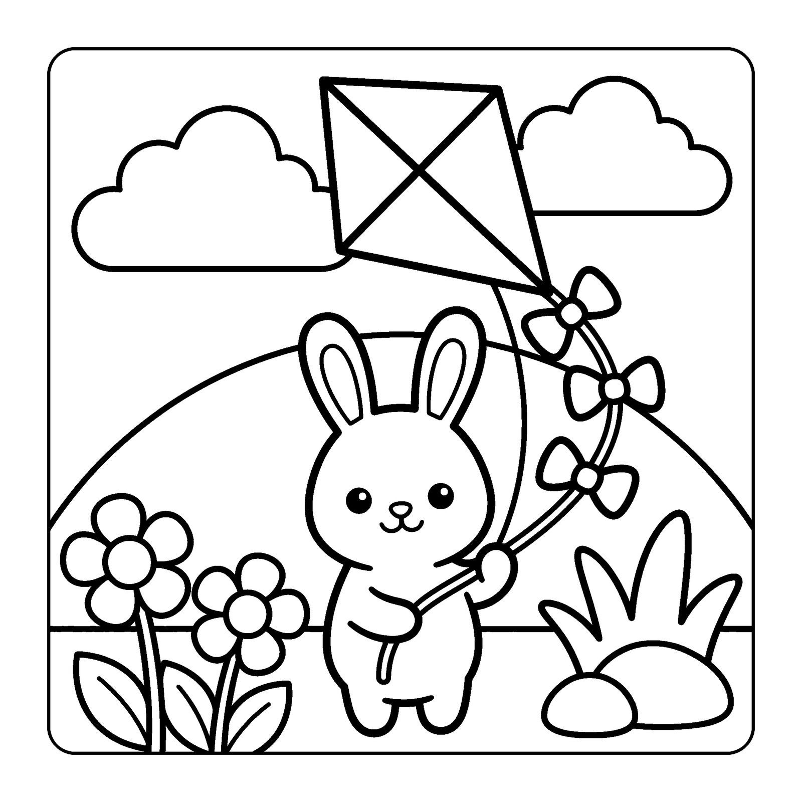 Bunny flying a kite with a bow tail over a grassy hill with flowers, a coloring page from Cozy Corner Chubby Bunnies