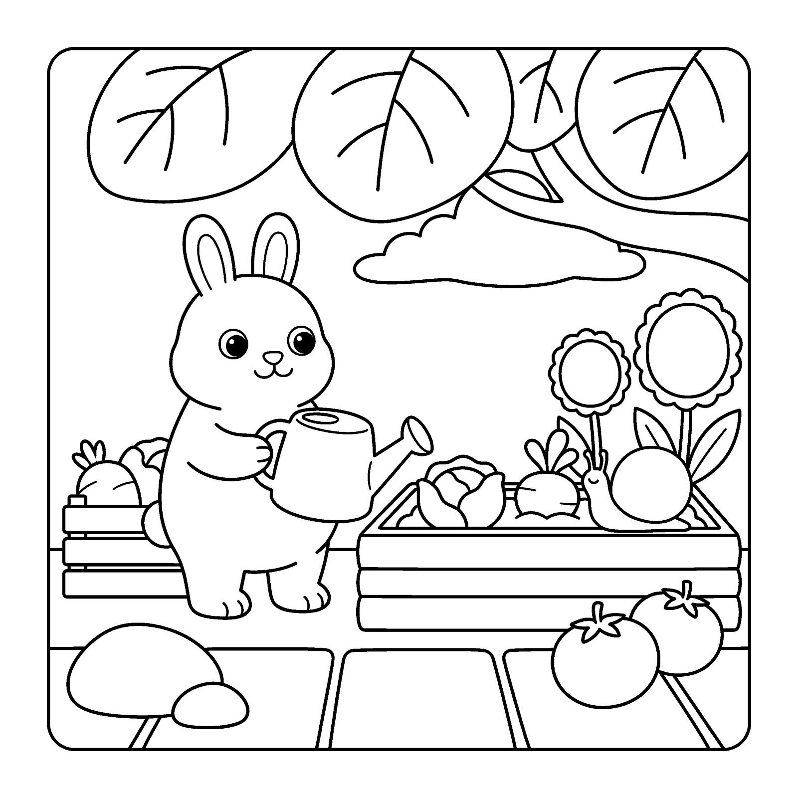 Bunny watering a raised vegetable bed with sunflowers, a snail and ripe tomatoes, a coloring page from Cozy Corner Chubby Bunnies