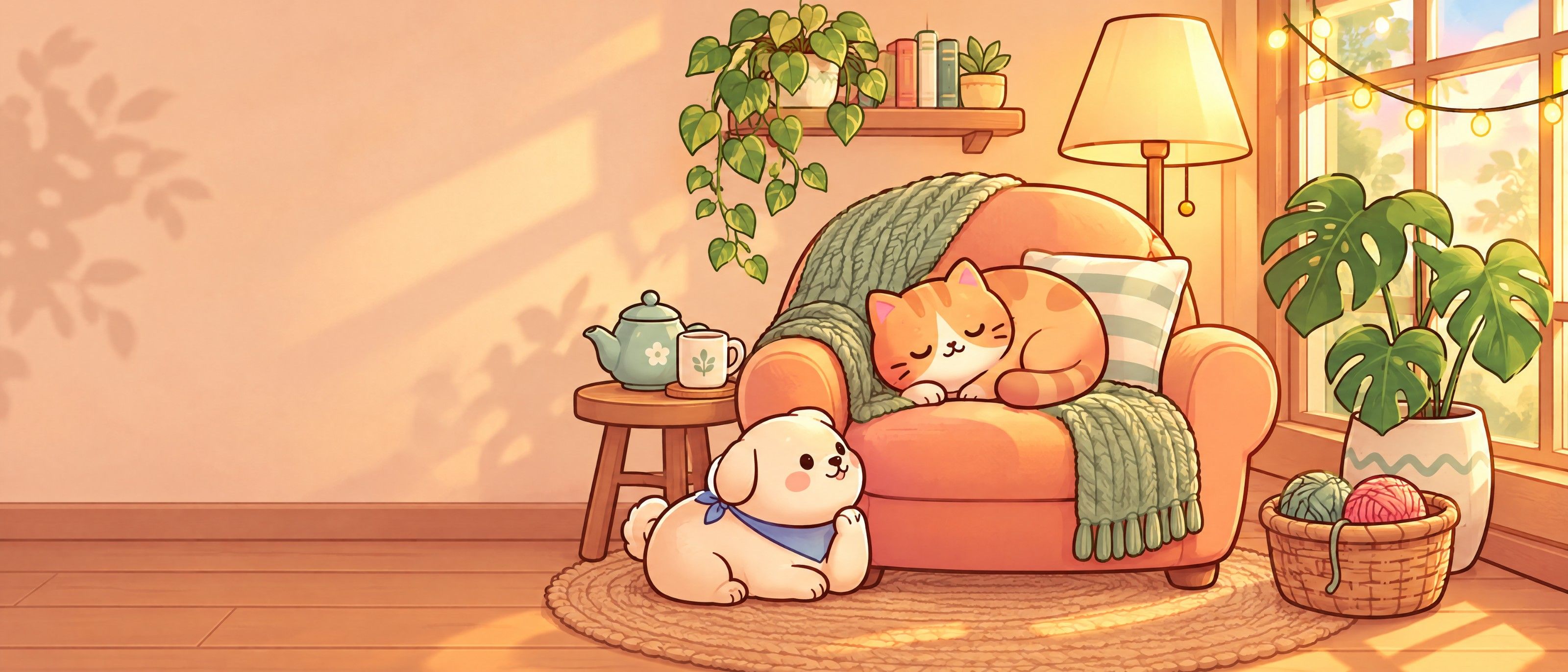 A chubby orange cat asleep on a peach armchair while a chubby puppy rests on the rug in a sunny living room