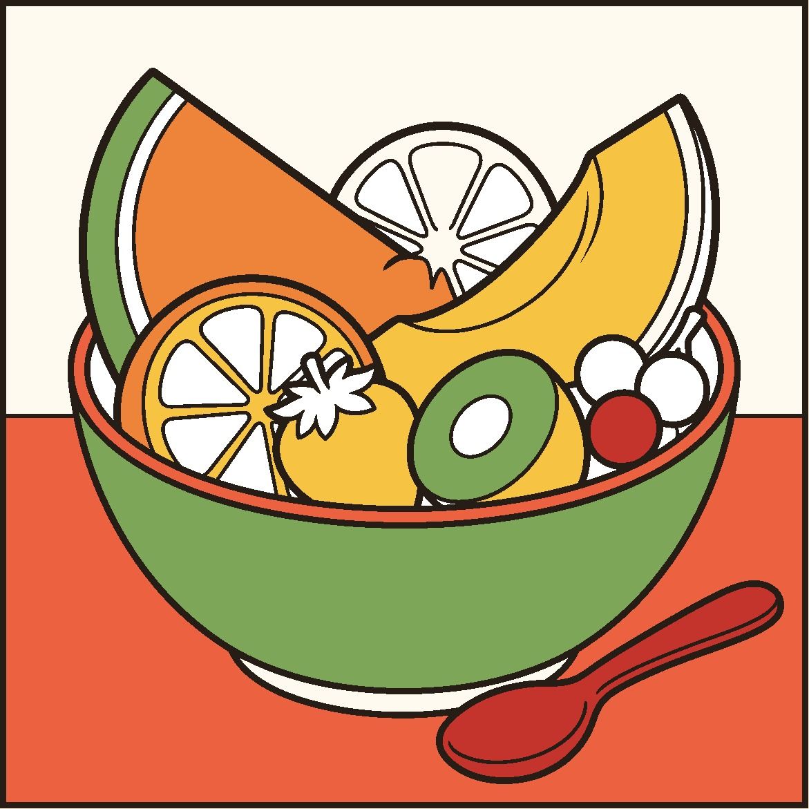 The fruit bowl page colored digitally: orange melon, citrus slices and kiwi in a green bowl on a red table