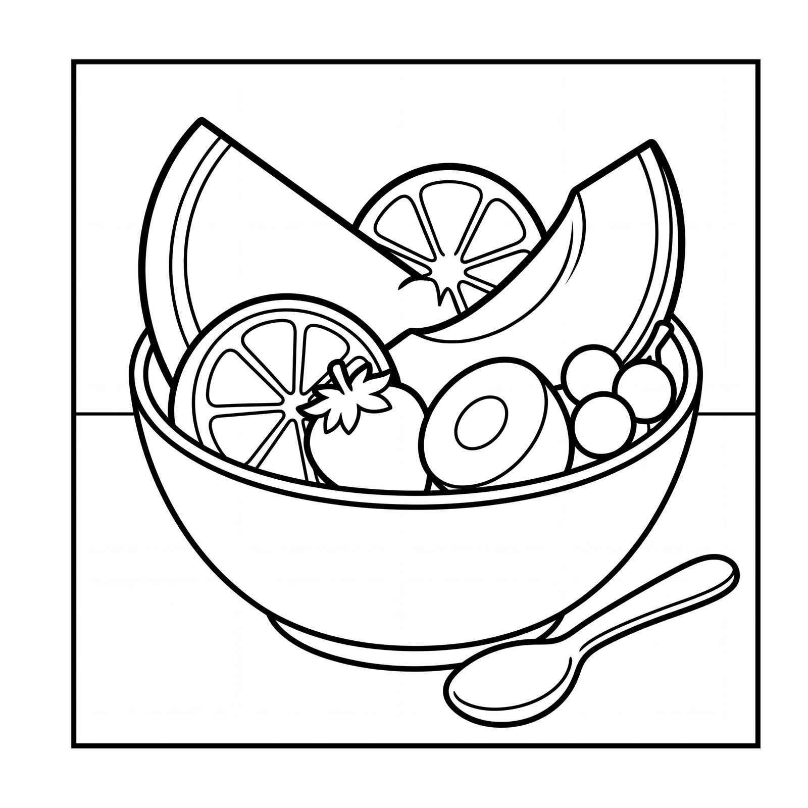 Bowl of melon, watermelon, orange, kiwi, a strawberry and berries with a spoon, a coloring page from Hungry Hours