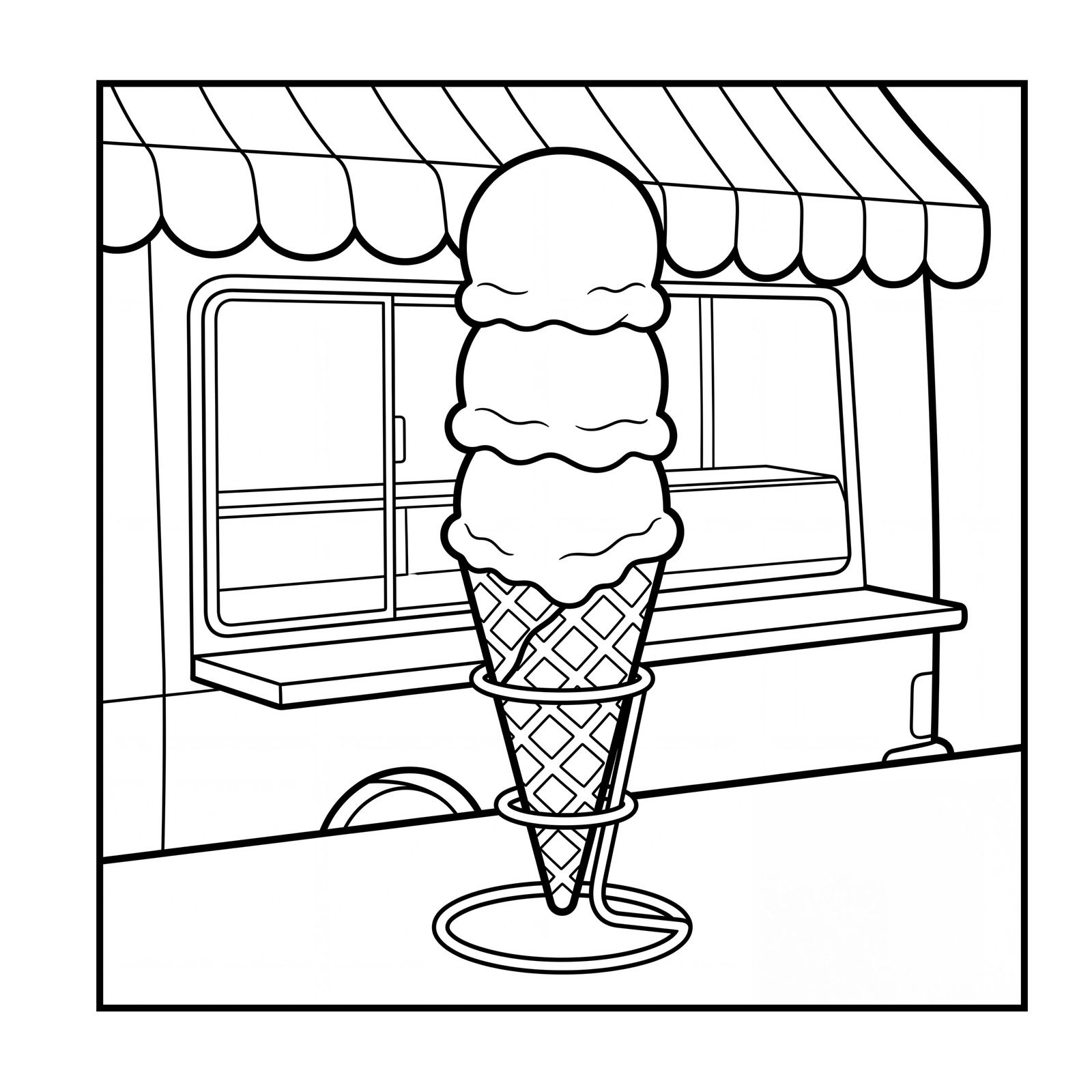 Triple-scoop ice cream cone in a stand in front of an ice cream truck with a scalloped awning, a coloring page from Hungry Hours