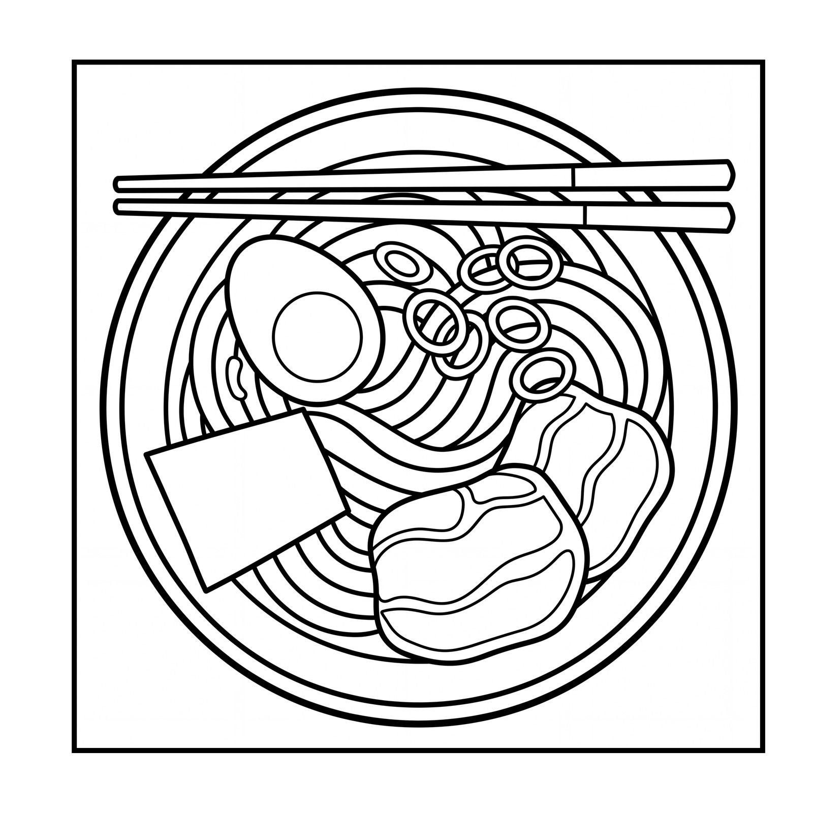 Bowl of ramen seen from above with noodles, a halved egg, sliced green onion, nori and pork, chopsticks across the rim, a coloring page from Hungry Hours