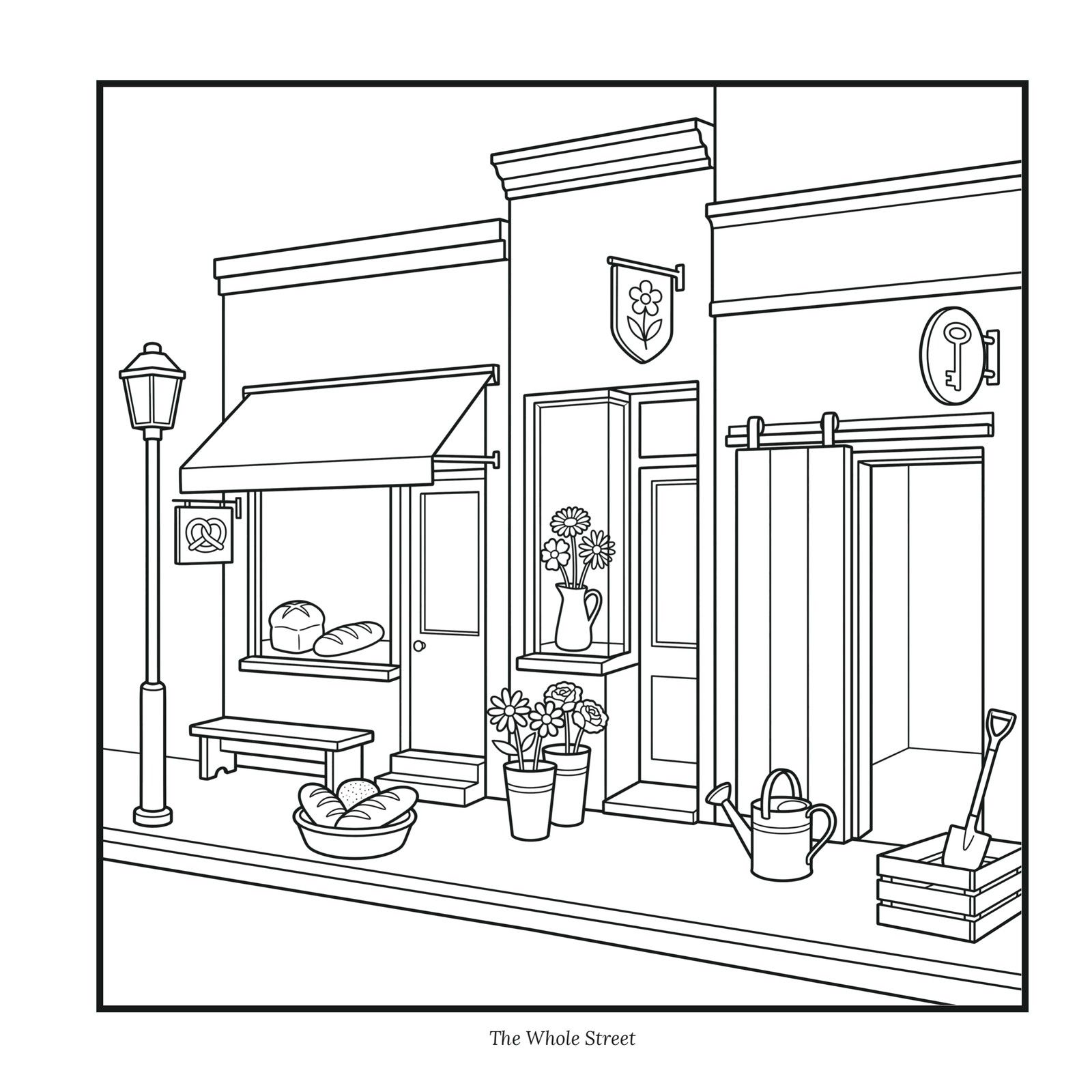 Open Today page: a street of small shops with a lamp post, bench and flower pots