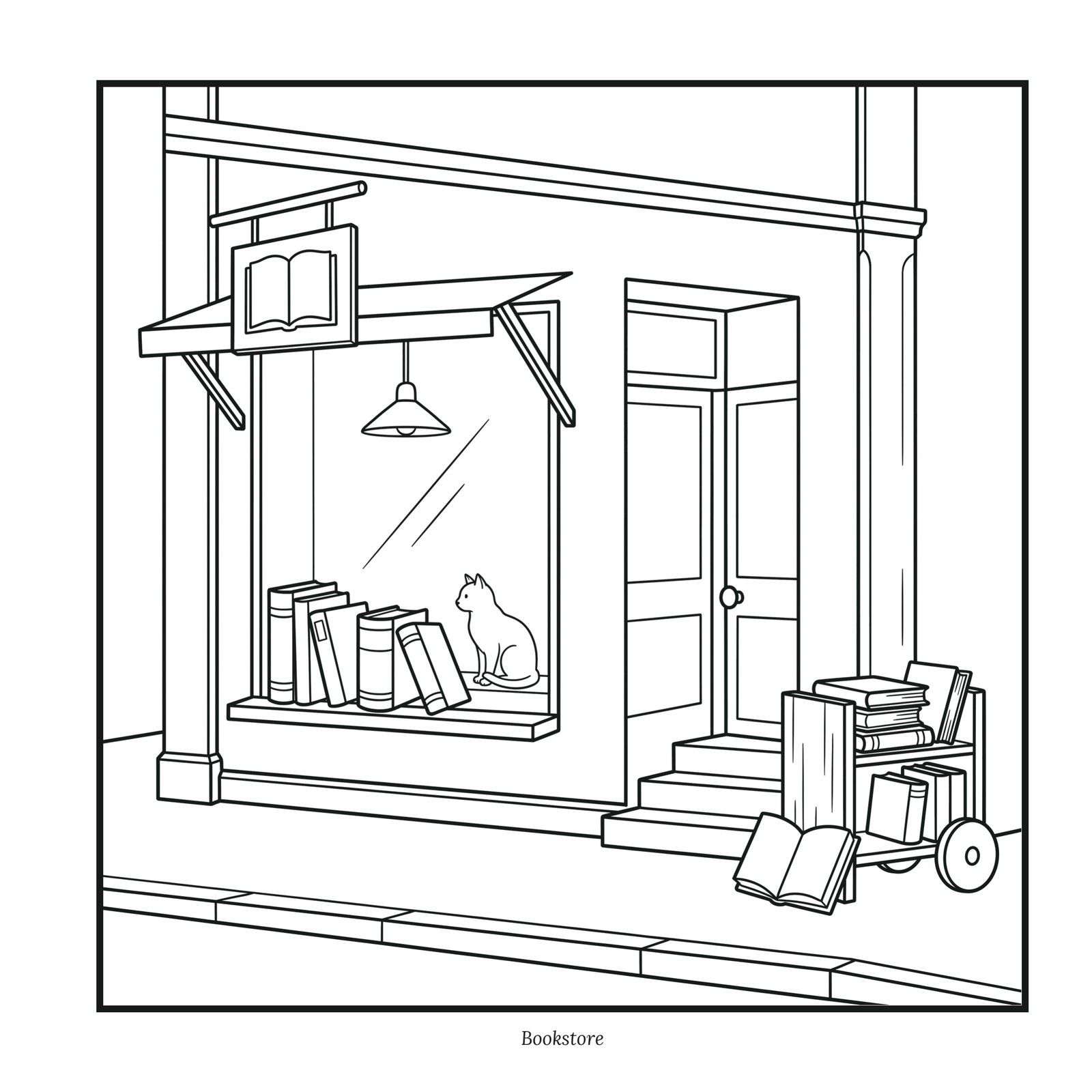 Open Today page: a bookshop window with a cat among the books