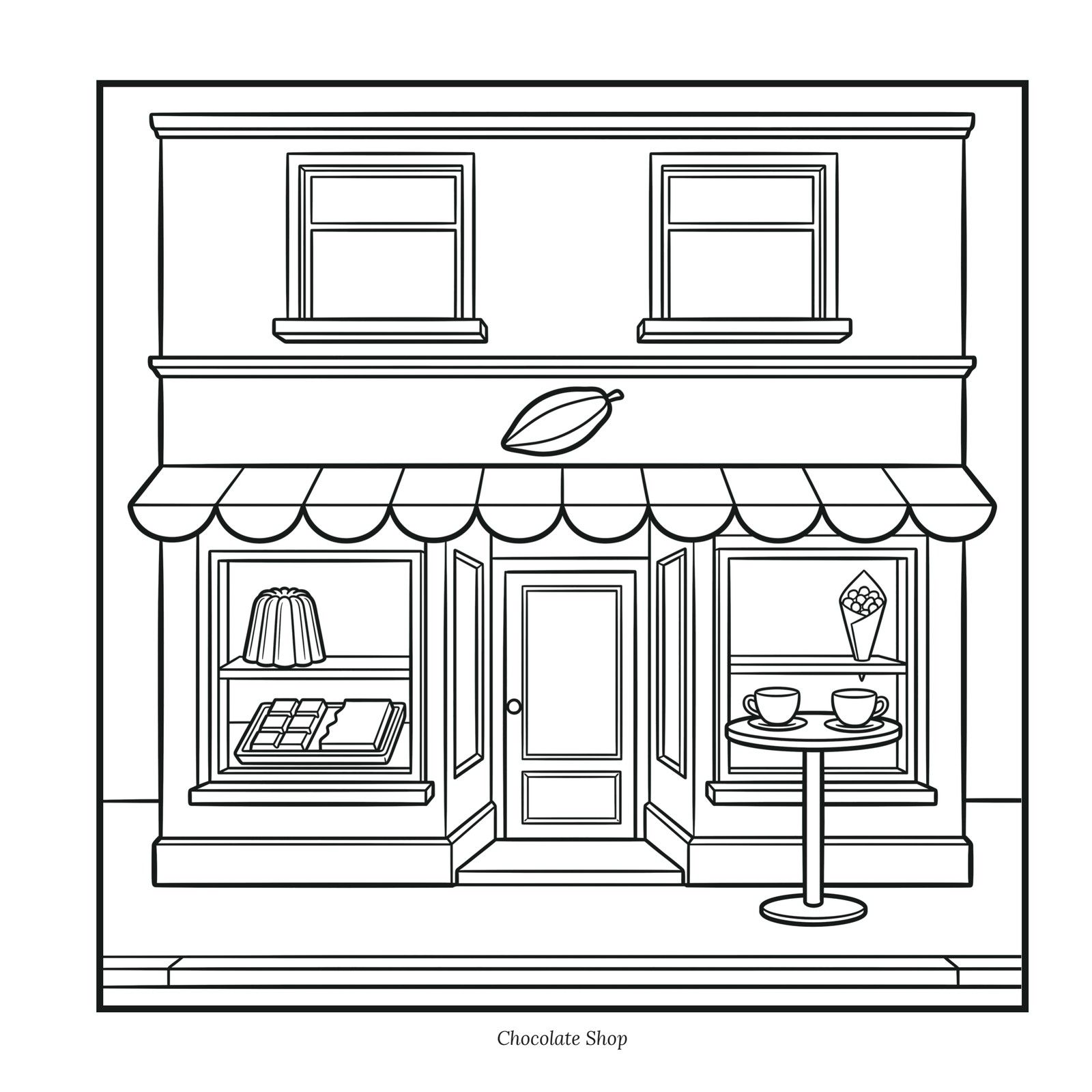 Open Today page: a chocolate shop front with a scalloped awning and a cafe table
