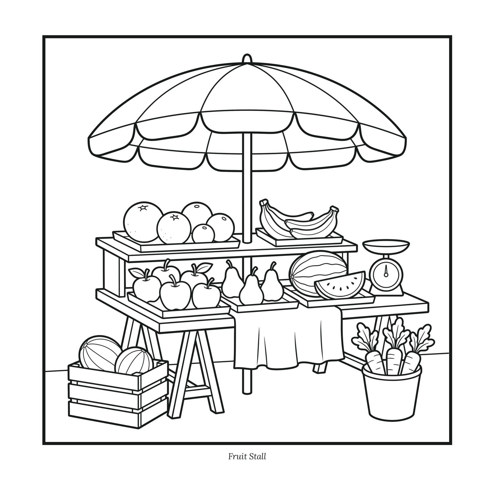 Open Today page: a fruit stall under a large umbrella with scales