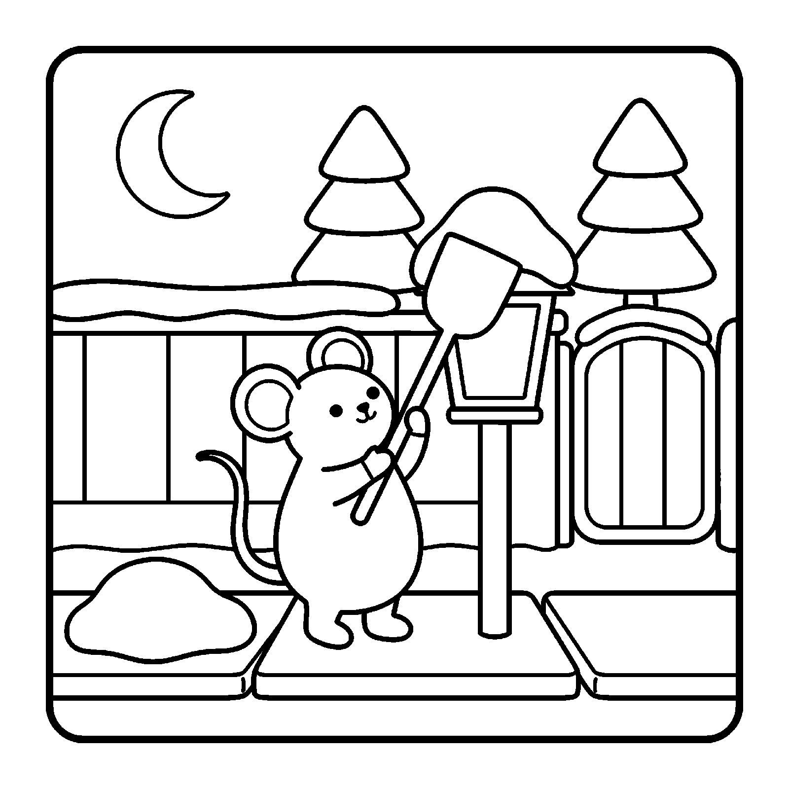 Nettlebrook Snow page: the mouse clearing snow beside a lamp post