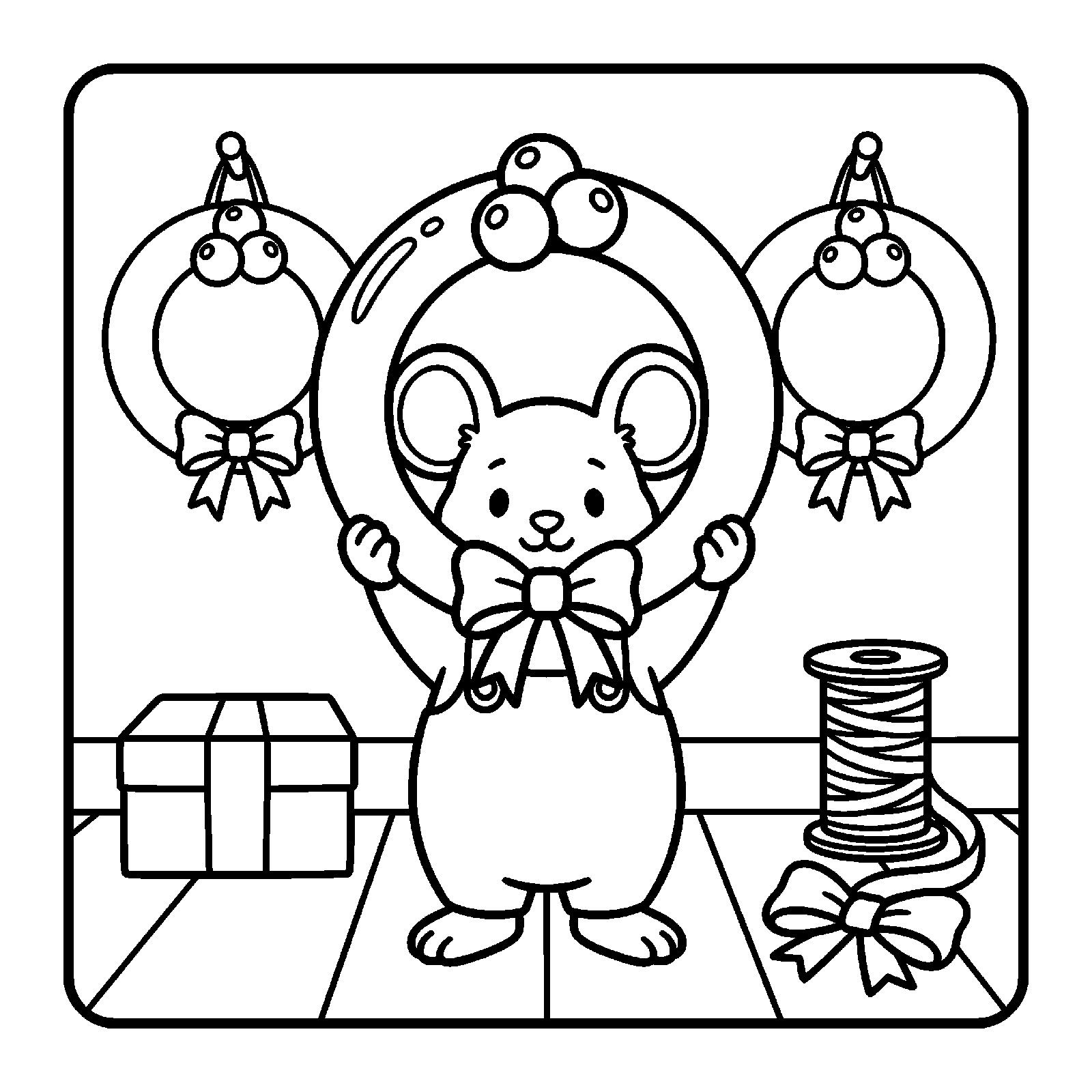 Nettlebrook Snow page: the mouse holding a wreath between two ornaments
