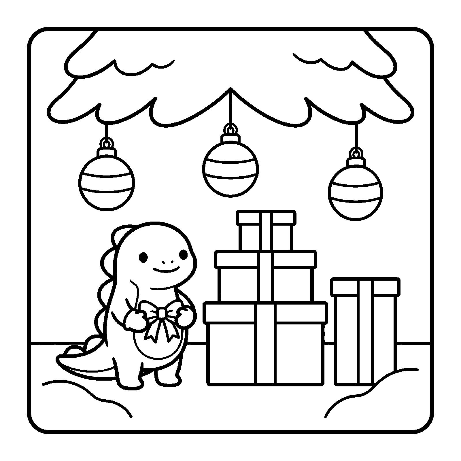 Nettlebrook Snow page: the newt with a gift beside a stack of presents