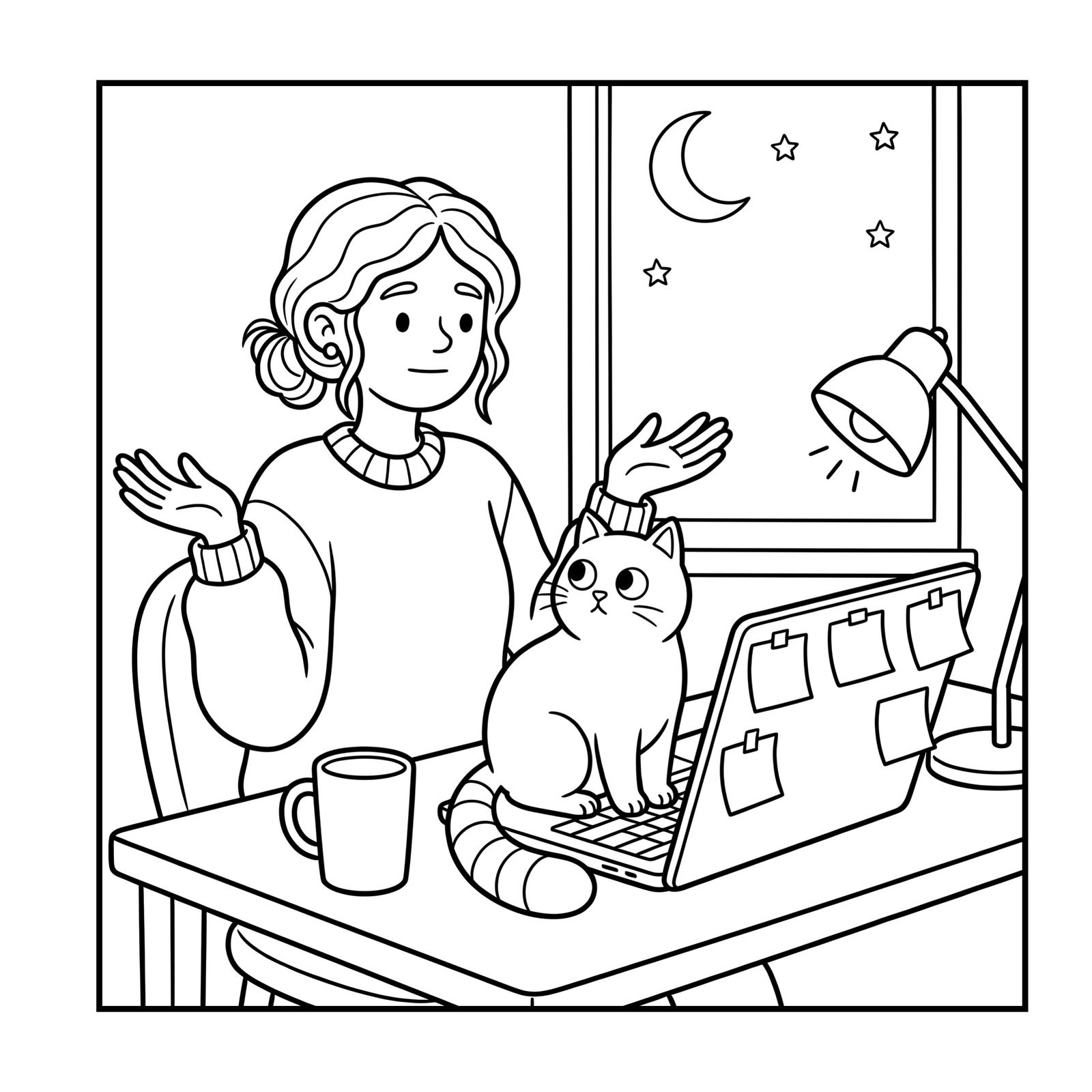 Woman at her desk at night while her cat sits on the open laptop, a coloring page from Me and My Cat