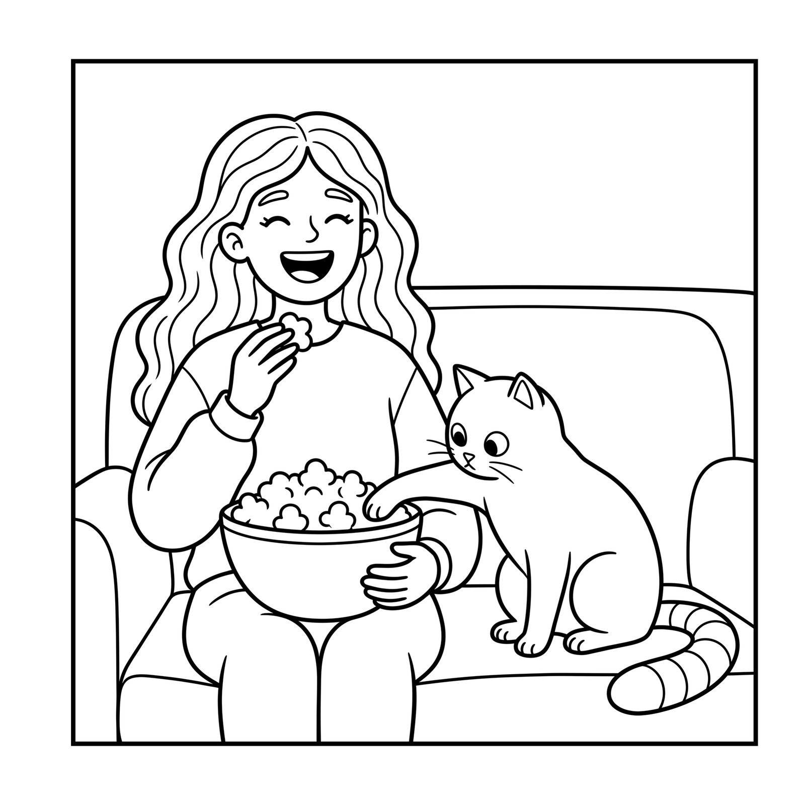 Woman laughing on the sofa with a bowl of popcorn while her cat reaches a paw into it, a coloring page from Me and My Cat