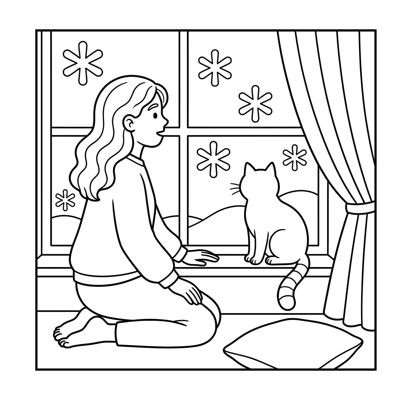 Woman kneeling by a frosty window watching the snow with her cat on the sill, a coloring page from Me and My Cat