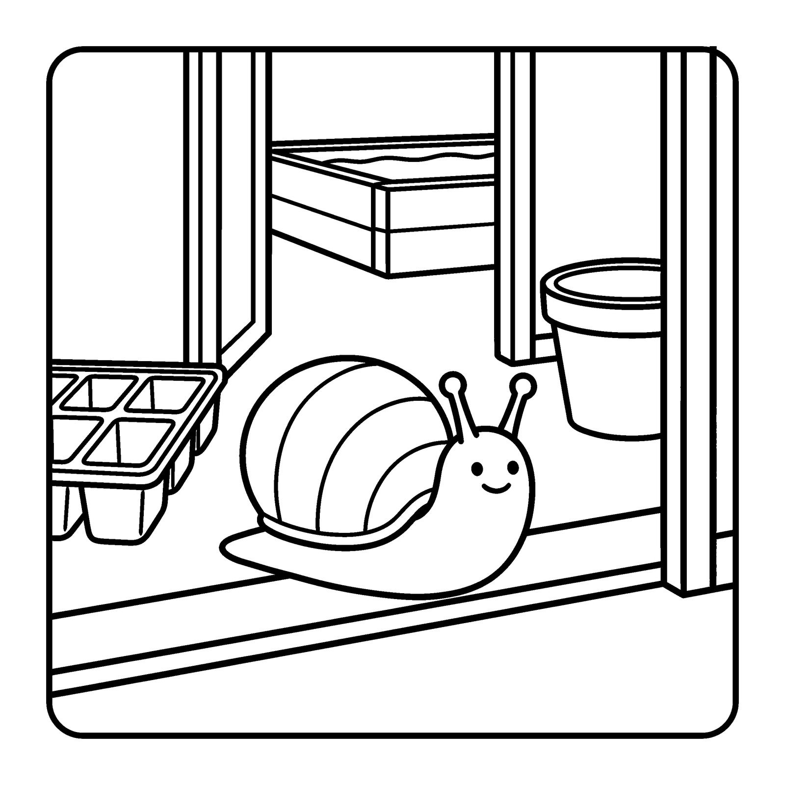 Snail at the open greenhouse door beside a seed tray and a flowerpot, a coloring page from Nettlebrook Garden