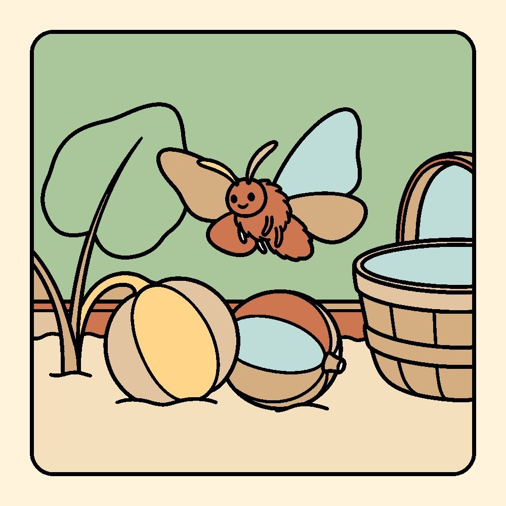 The squash harvest page colored digitally: a brown moth over two striped squash beside a basket