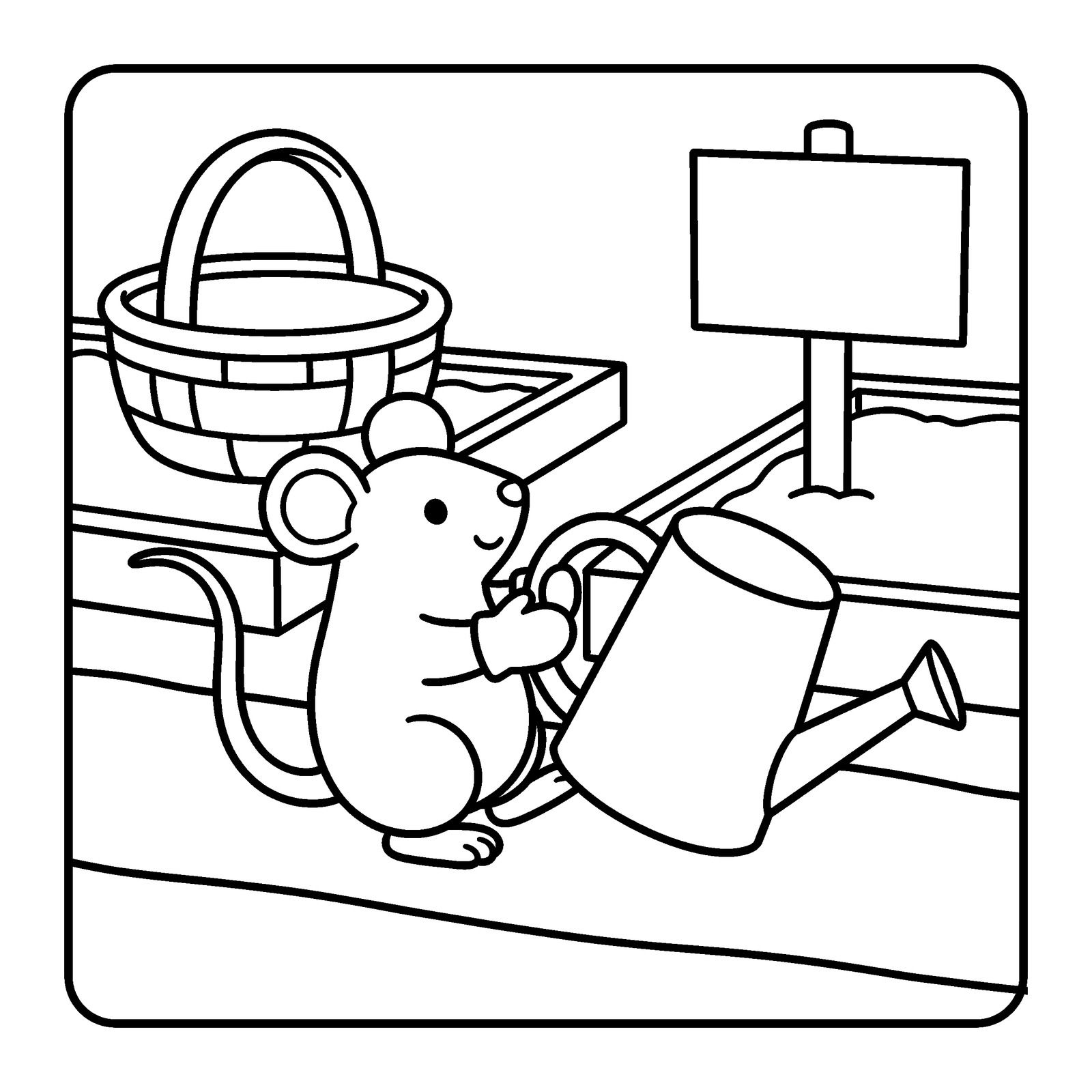 Mouse carrying a tall watering can past a raised bed with a basket and a blank sign, a coloring page from Nettlebrook Garden