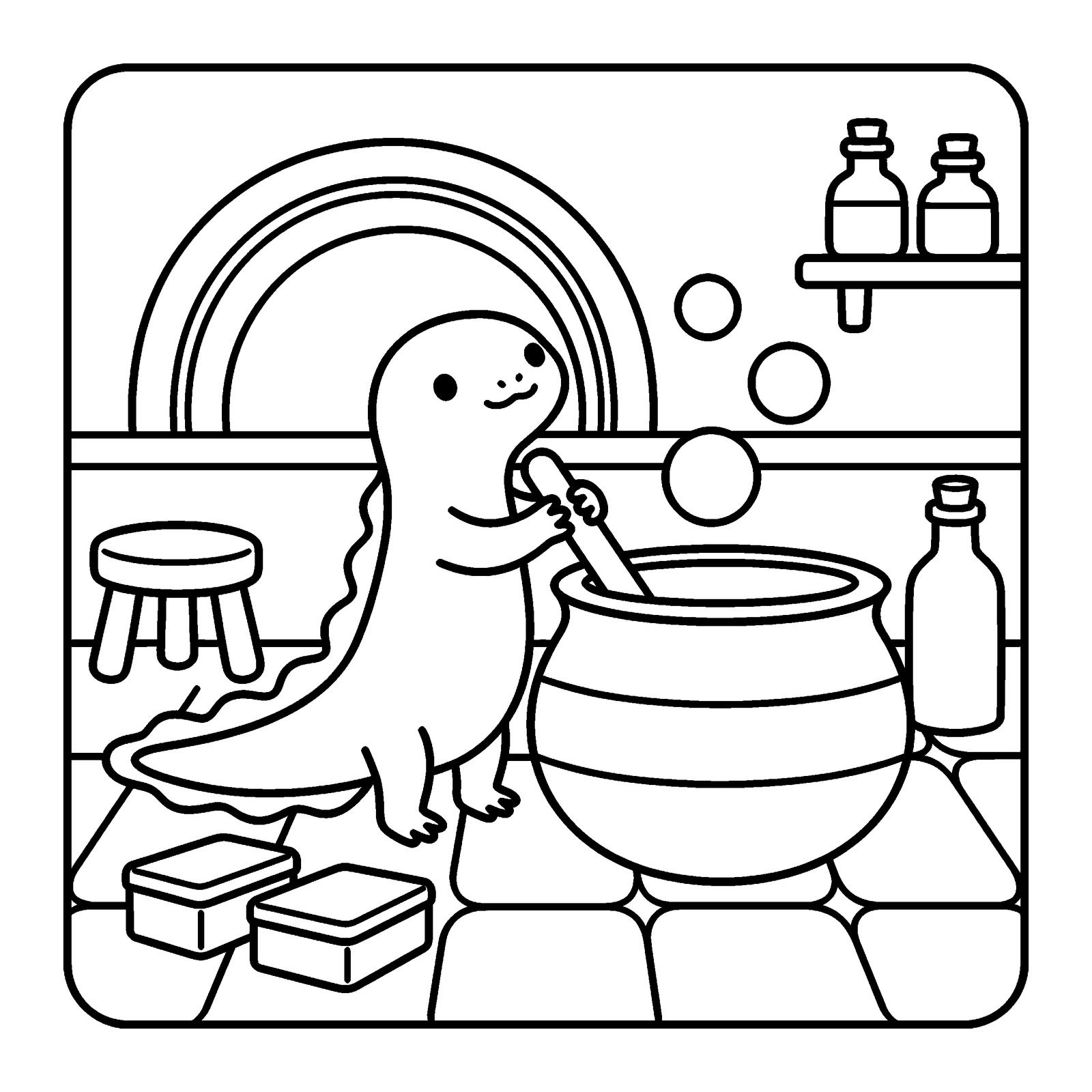 Newt stirring a big pot with bubbles rising, bottles on a shelf behind, a coloring page from Nettlebrook Hollow