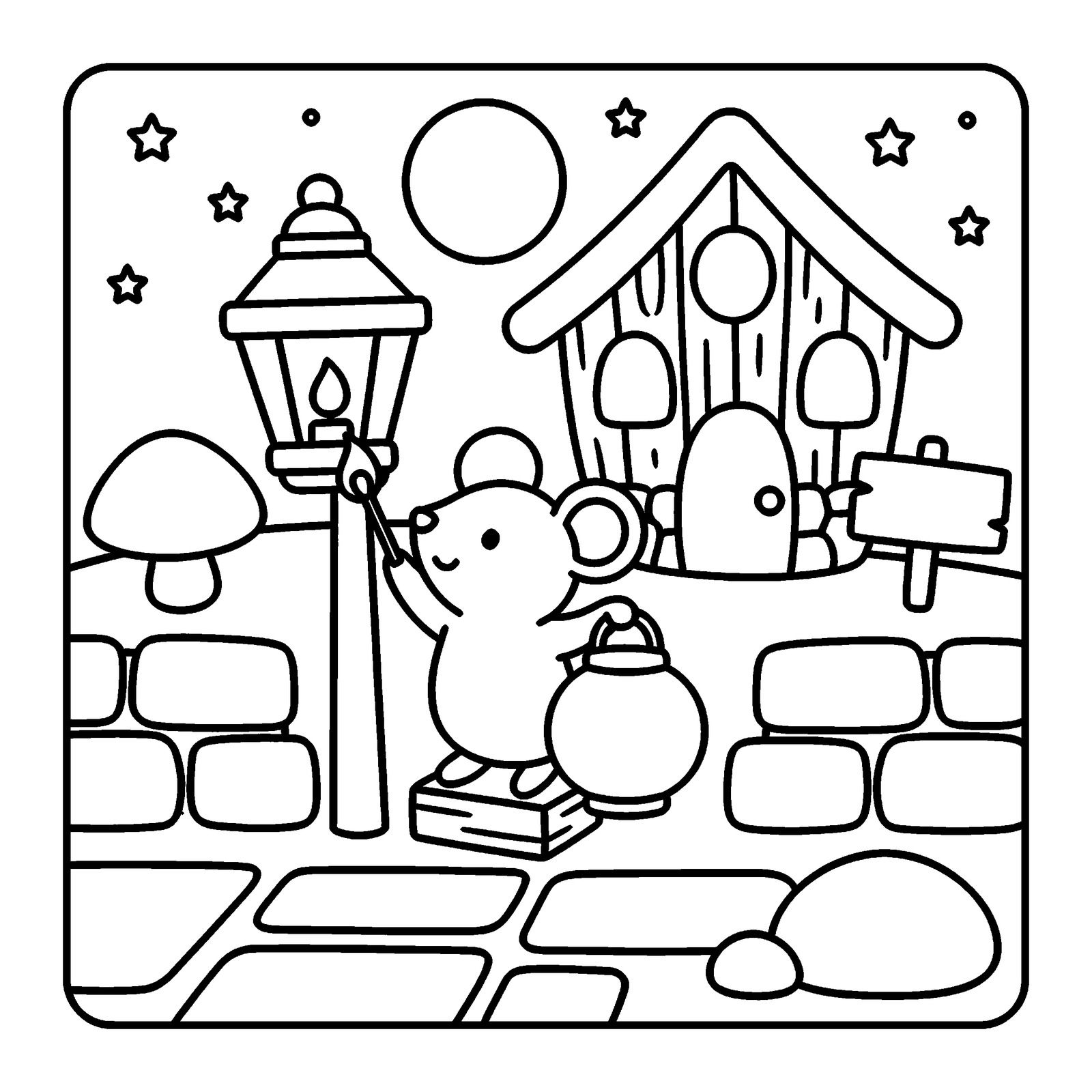 Mouse lighting a street lantern outside a little house under a full moon and stars, a coloring page from Nettlebrook Hollow