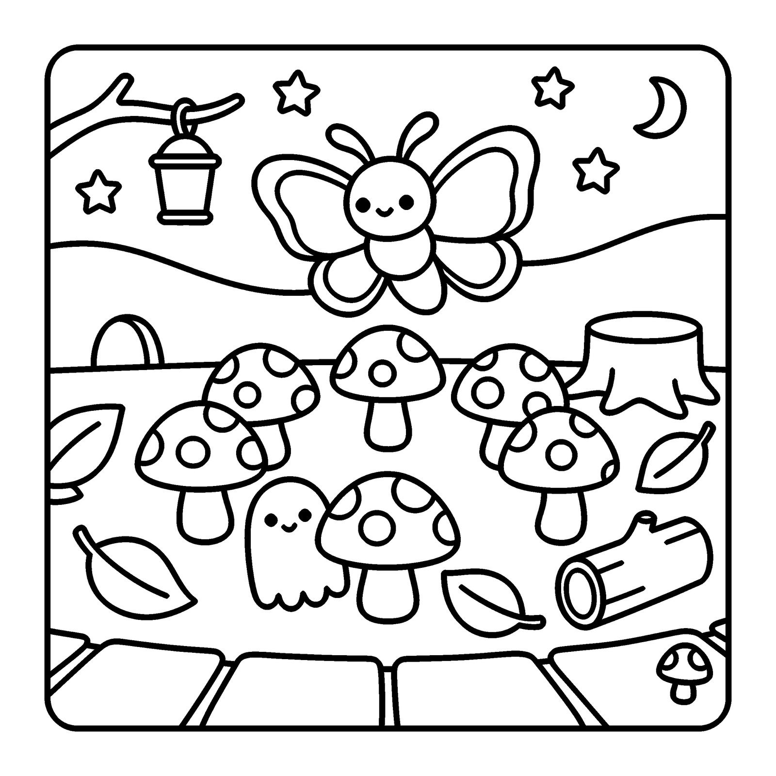 Moth flying over a ring of spotted toadstools at night with a small ghost, a lantern and fallen leaves, a coloring page from Nettlebrook Hollow