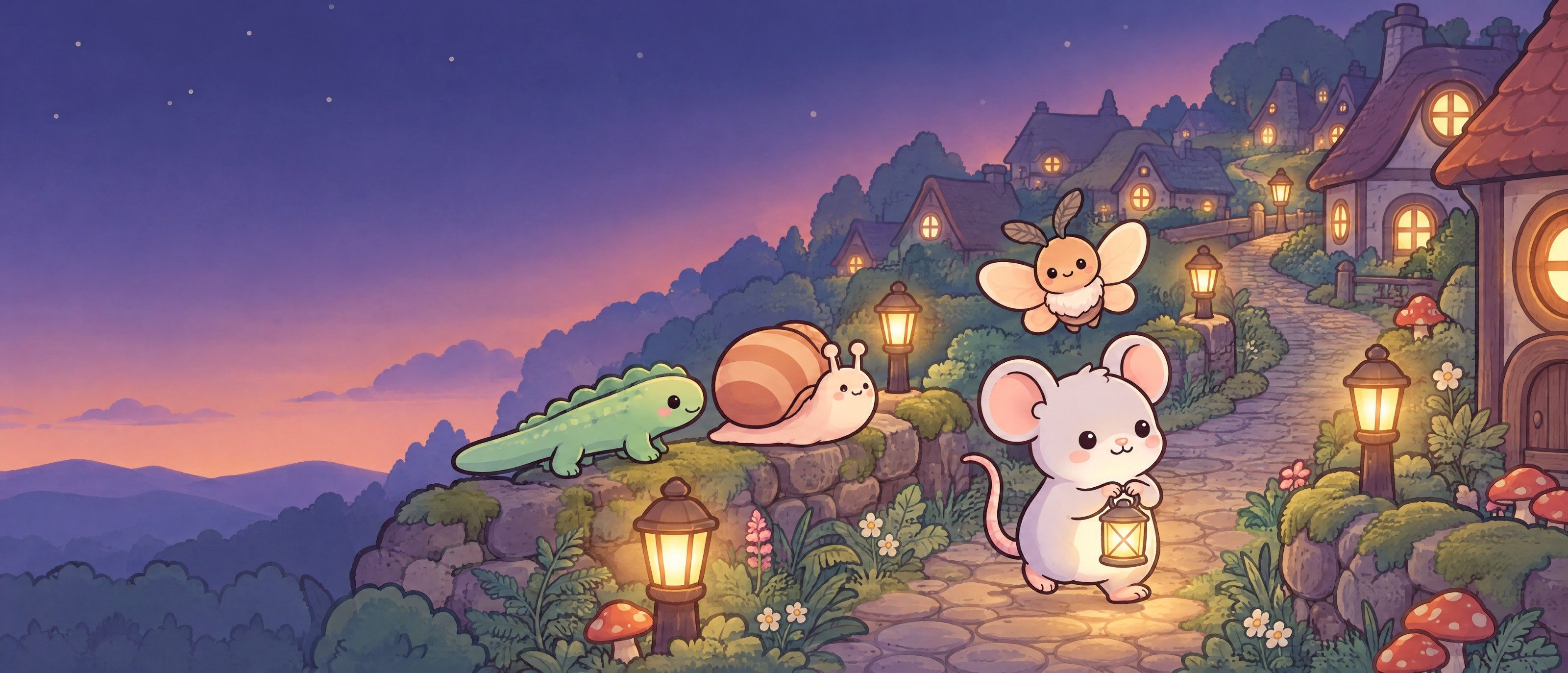 The Nettlebrook mouse, moth, snail and newt walking home along a lantern-lit village lane at dusk