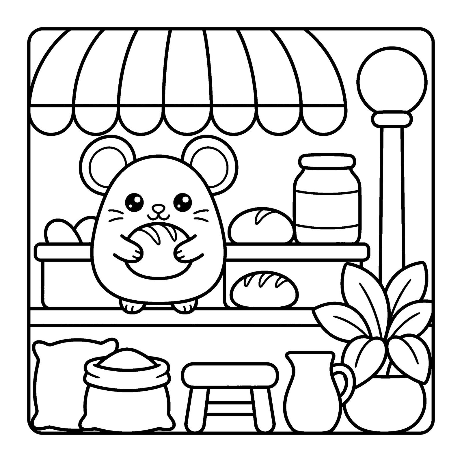 Mouse holding a loaf of bread at a market stall with an awning, jars and a sack of flour, a coloring page from Nettlebrook Village