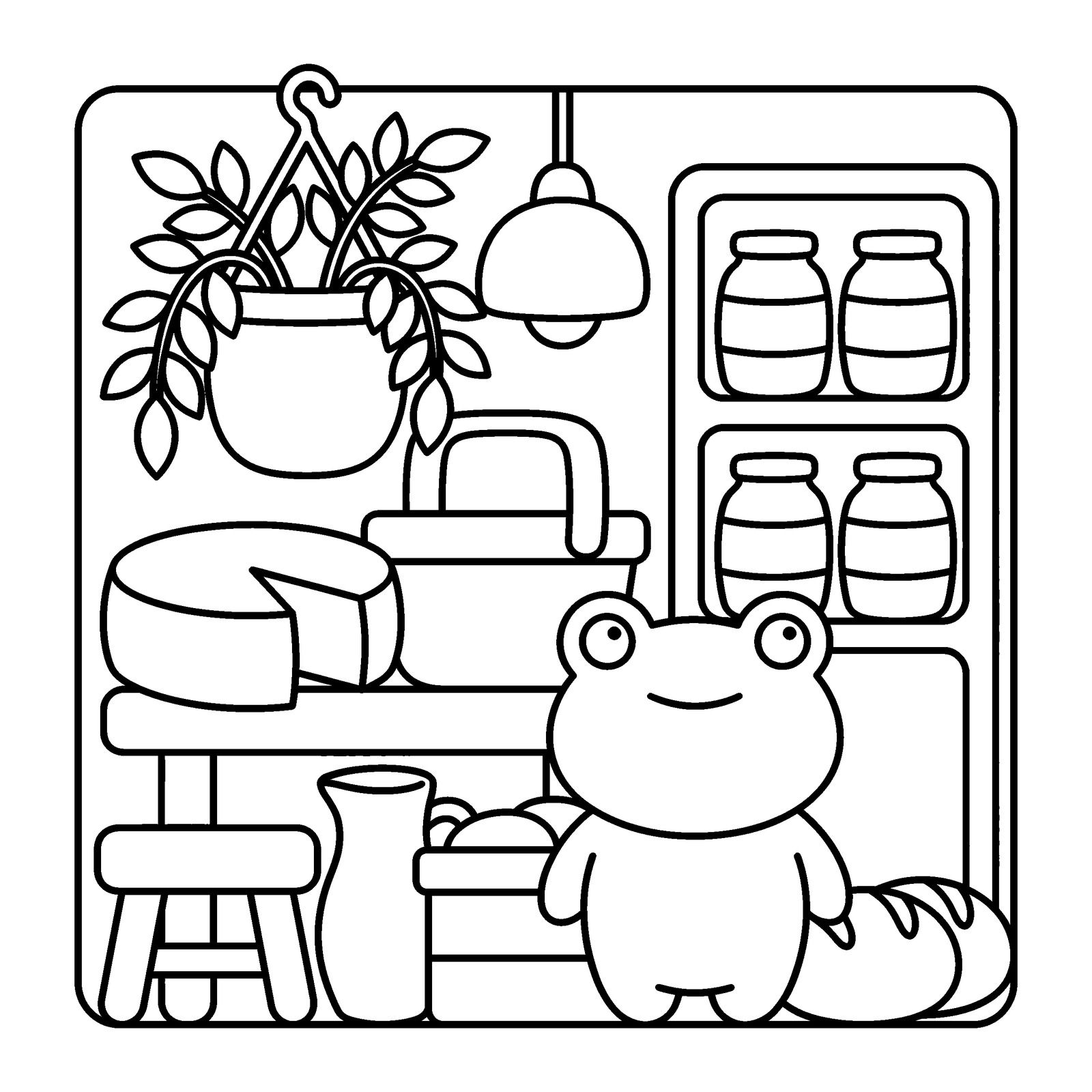 Frog in a pantry with a wheel of cheese, jars on the shelves and a hanging plant, a coloring page from Nettlebrook Village