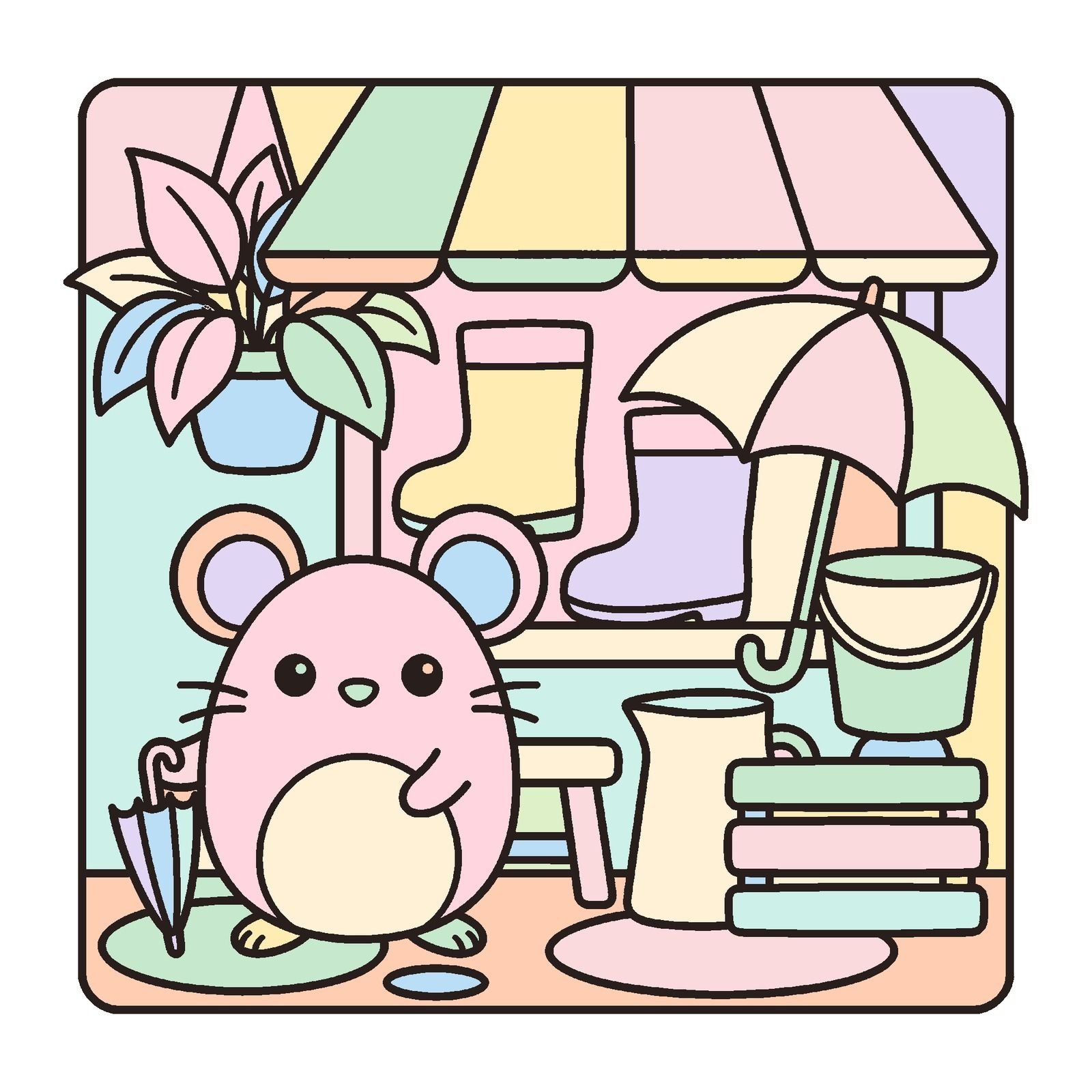 The rainy porch page colored digitally in soft pastels: a pink mouse among boots, an umbrella and a bucket