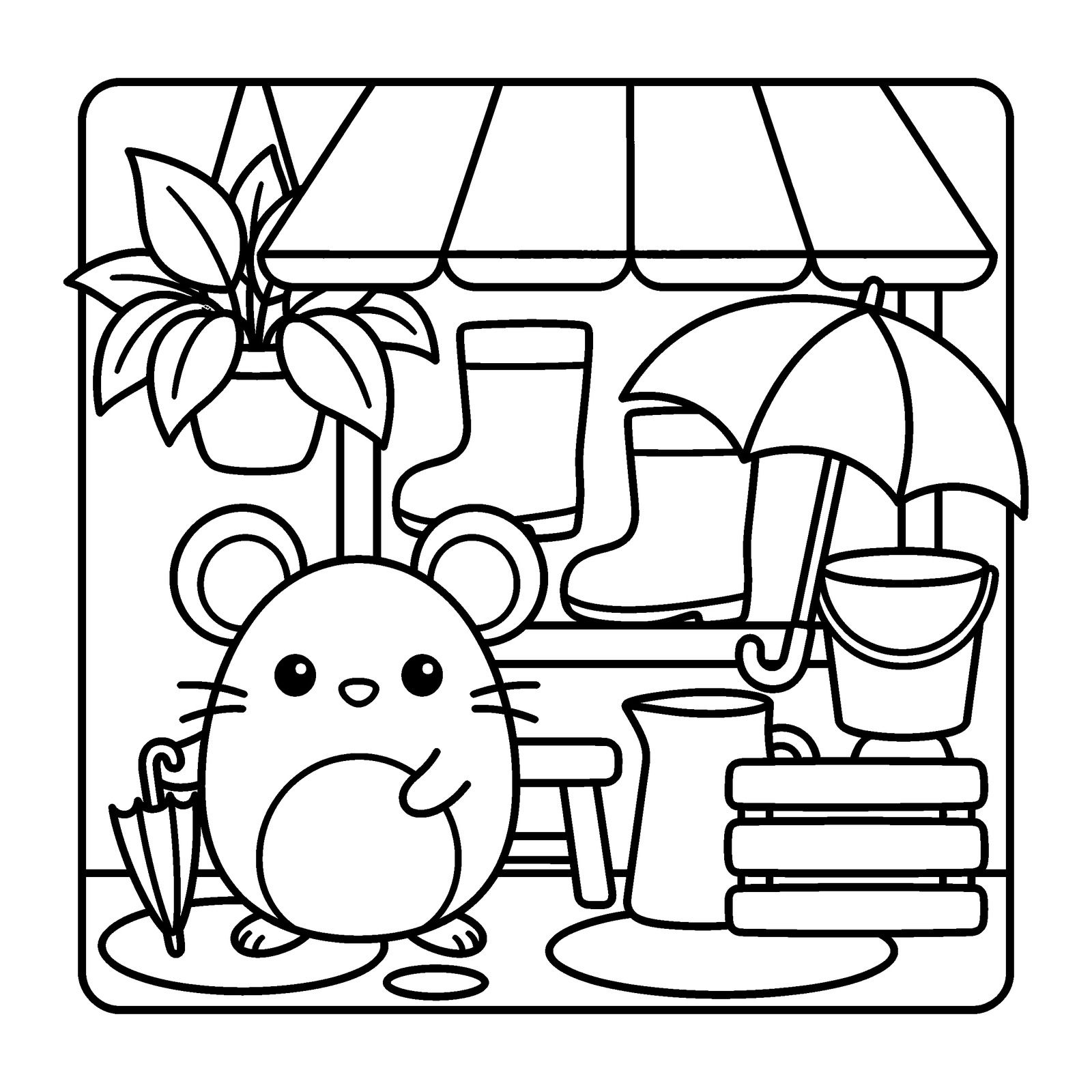 Mouse on a porch among rain boots, umbrellas, a bucket and a watering jug, a coloring page from Nettlebrook Village