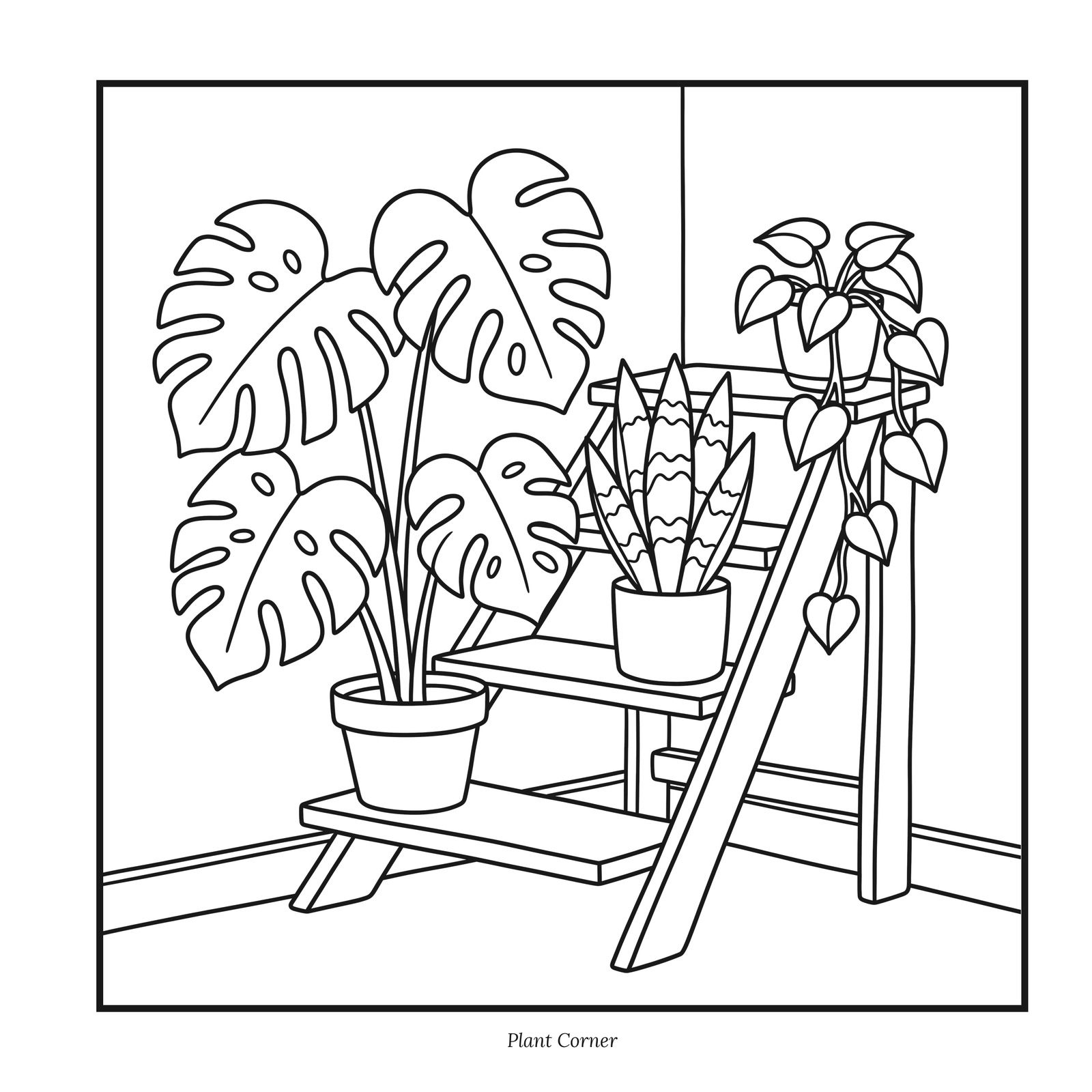 Corner of a room with a potted monstera, a snake plant on a plant ladder and a trailing pothos, a coloring page from Plant Shelf